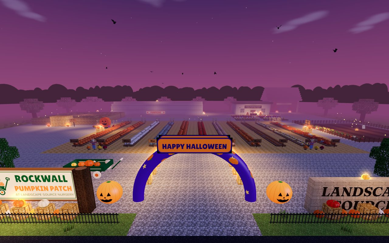 Moonlight Patch game: the Rockwall Pumpkin Patch in 3D at dusk, with the Happy Halloween arch and rows of pumpkins
